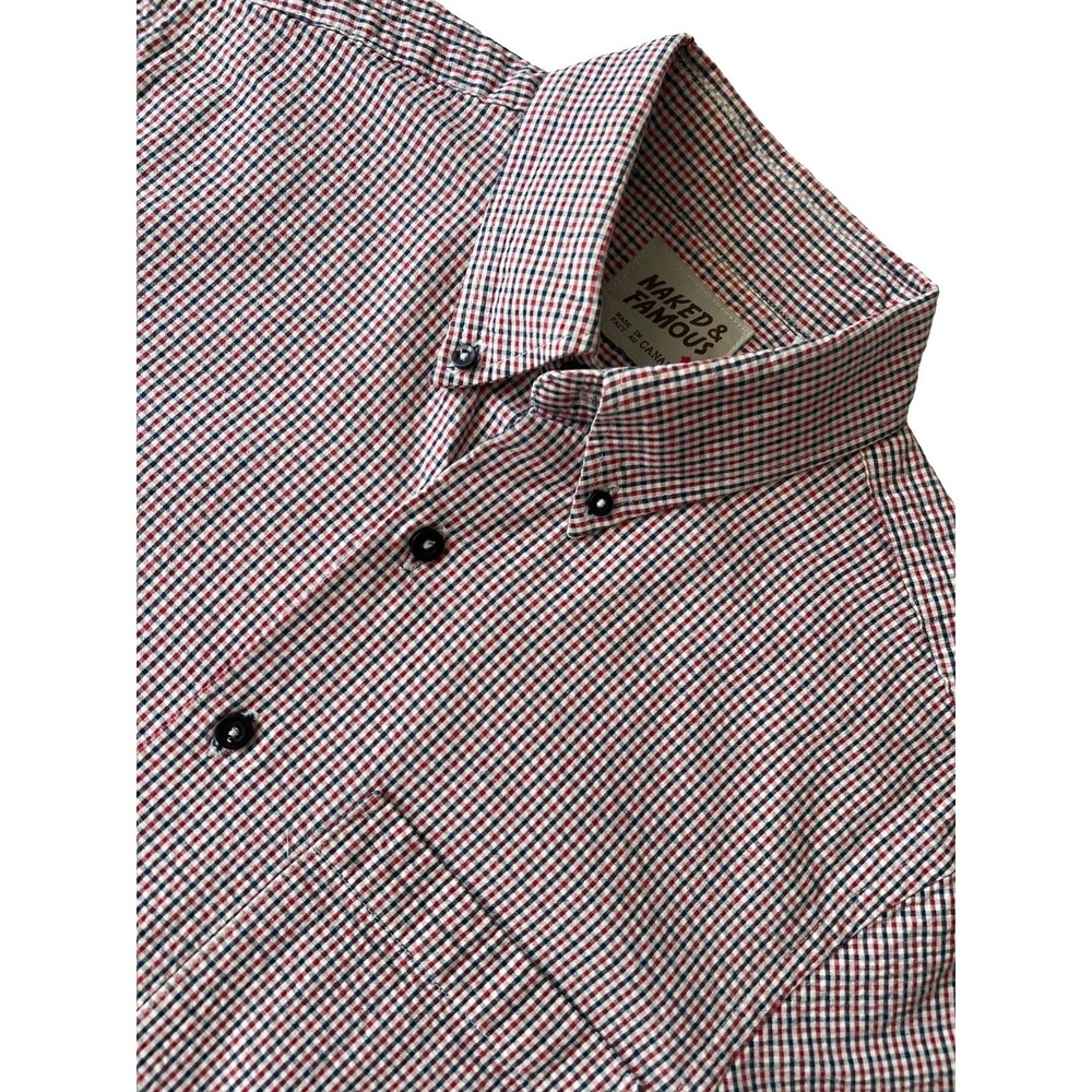 Naked & Famous Shirt Mens S Plaid Short Sleeve Japanese Fabric Red Blue White